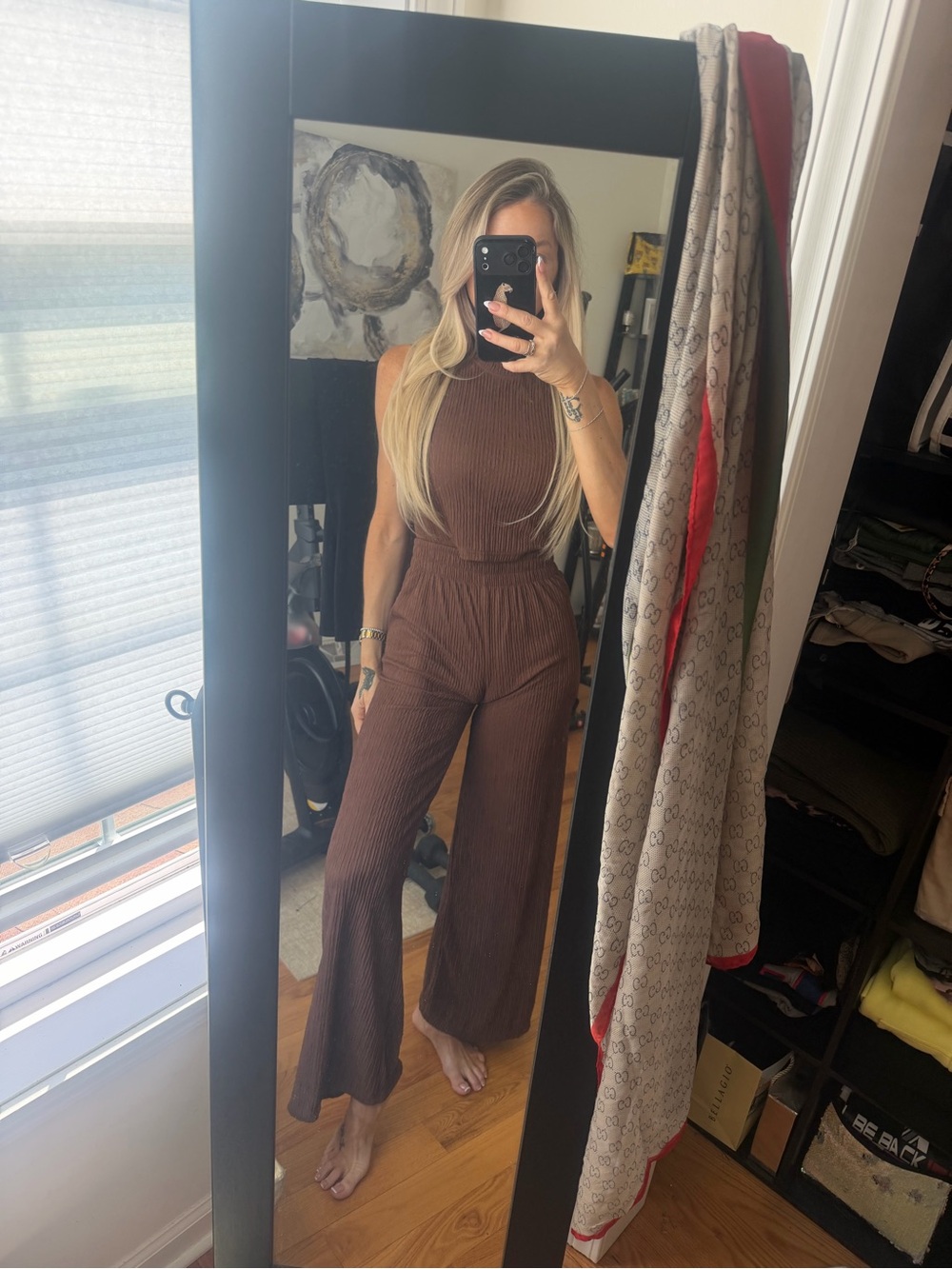 Sleeveless Brown Ribbed palazzo pants and cropped tank top matching set medium